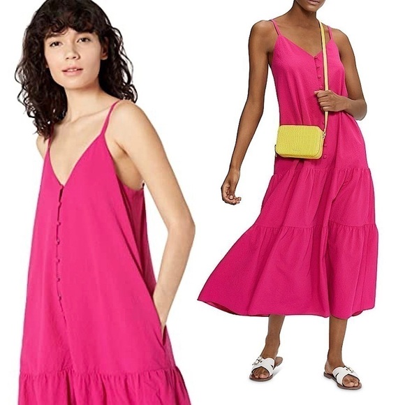 NWT TED BAKER Barbie Pink Sleeveless Button Front Tiered Ruffle Hem Midi Dress 2 - Picture 3 of 12